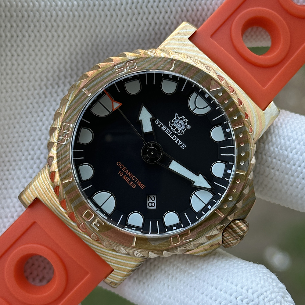 STEELDIVE Offiical SD1982Z 46.5mm Bronze Damascus BGW9 Blue Luminous Unique Design NH35 Automatic Mens Dive Watch