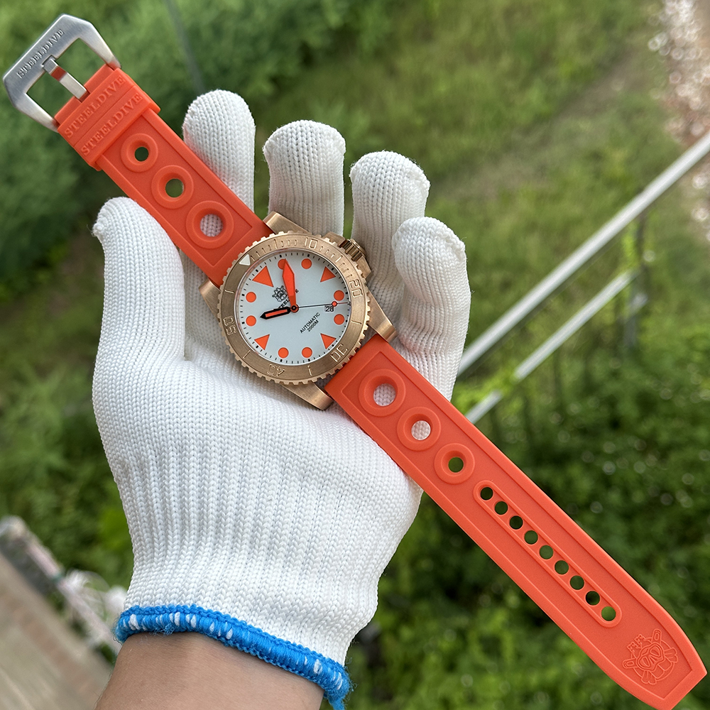 STEELDIVE Official SD1987S White Dial Orange Luminous 46.5MM Solid Bronze Case Sapphire Glass Mens NH35 Automatic Dive Watch