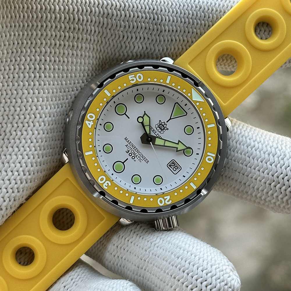 Steeldive SD1975N White Dial Yellow Bezel on Rubber Strap