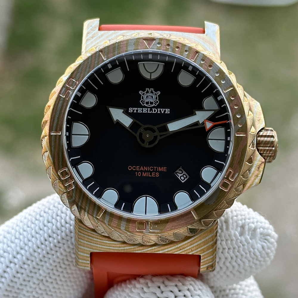 STEELDIVE Offiical SD1982Z 46.5mm Bronze Damascus BGW9 Blue Luminous Unique Design NH35 Automatic Mens Dive Watch