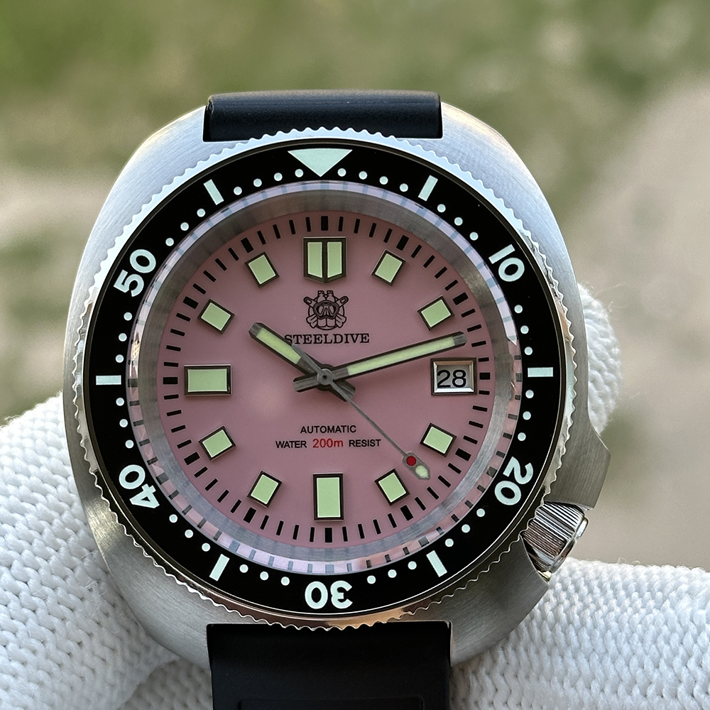 STEELDIVE Official SD1974 Pink Dial 43.8mm Luminous Ceramic Bezel Insert 200M Sapphire Glass NH35 Automatic Mens Dive Watch