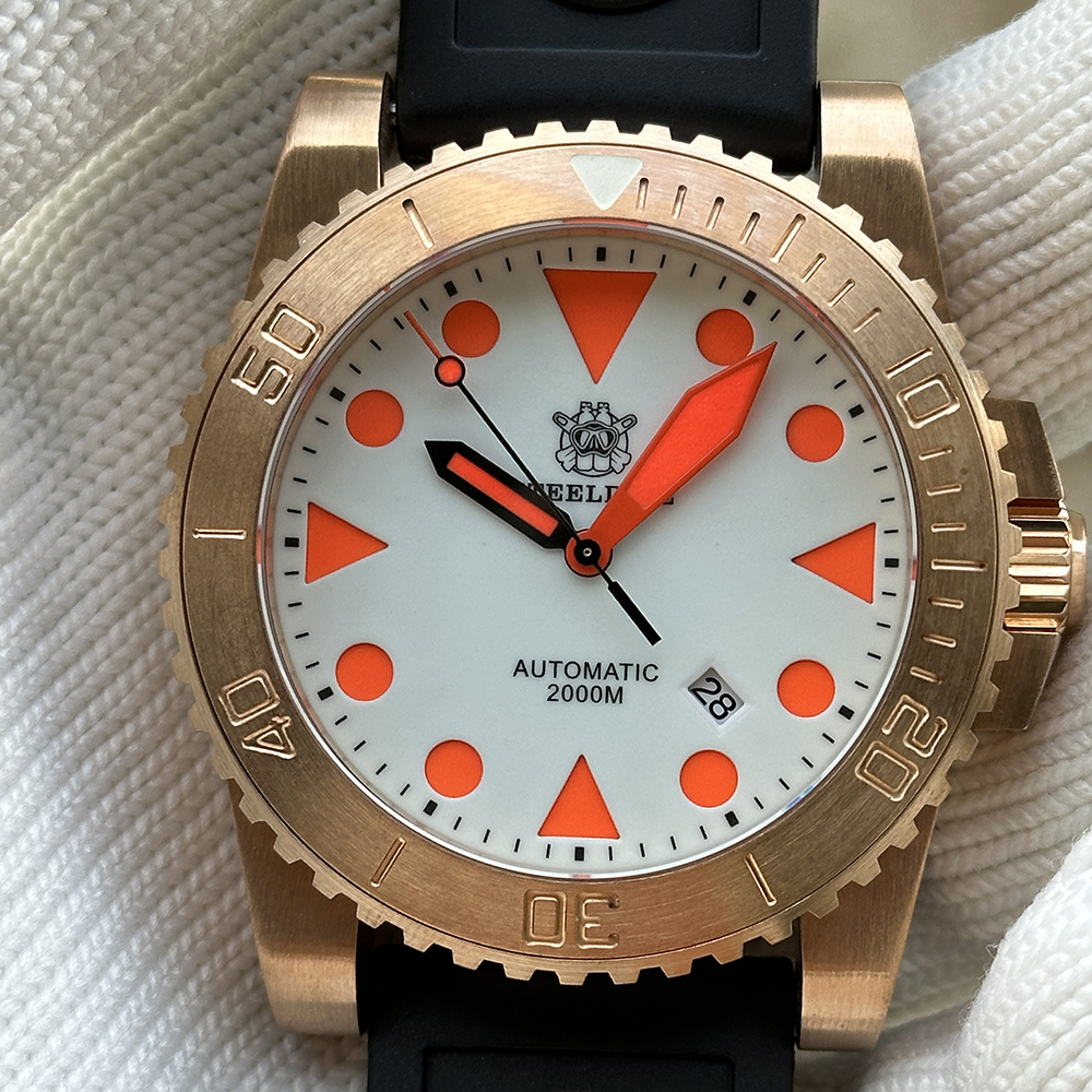 STEELDIVE Official SD1987S White Dial Orange Luminous 46.5MM Solid Bronze Case Sapphire Glass Mens NH35 Automatic Dive Watch