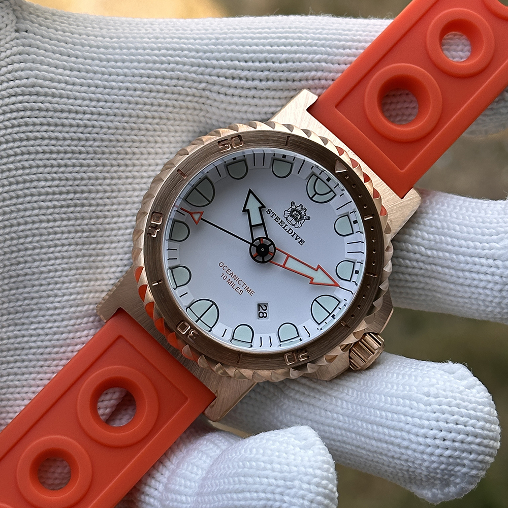 STEELDIVE Official SD1982S White Dial 56MM Solid Bronze Case NH35 Automatic Mens Sapphire Glass Dive Watch 