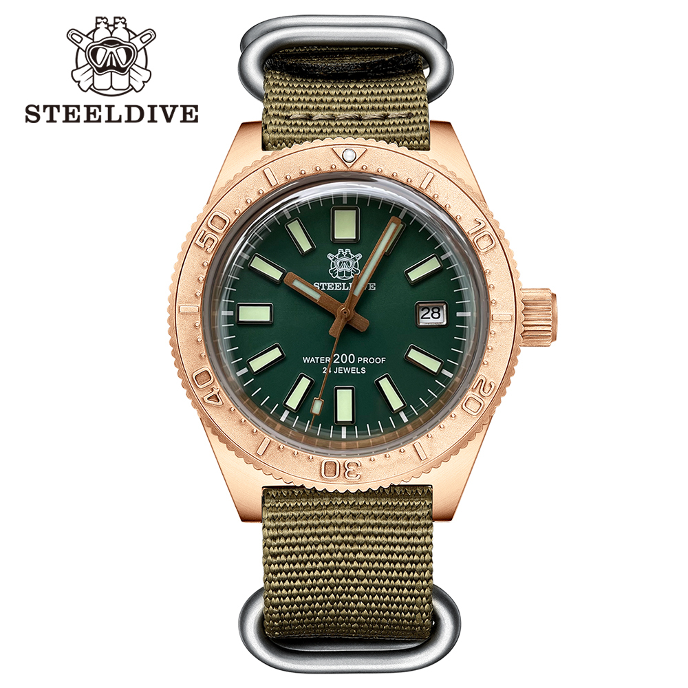 STEELDIVE Official SD1962S Swiss C3 Luminous 200M NH35 Automatic Movement Solid Bronze Case Mens Dive Watch