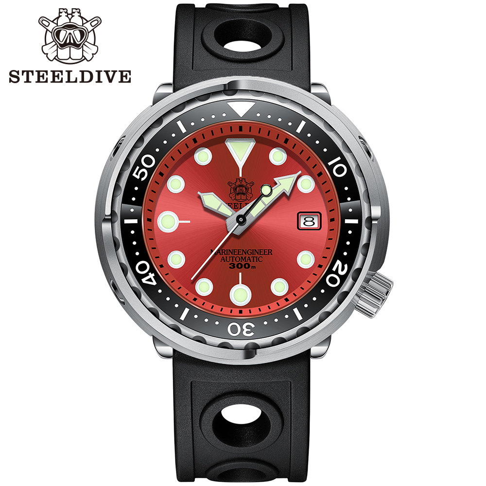 STEELDIVE Official SD1975 Red Sunray Dial 47.5mm Case 300M Waterproof Ceramic Bezel NH35 Automatic Mens Dive Watch