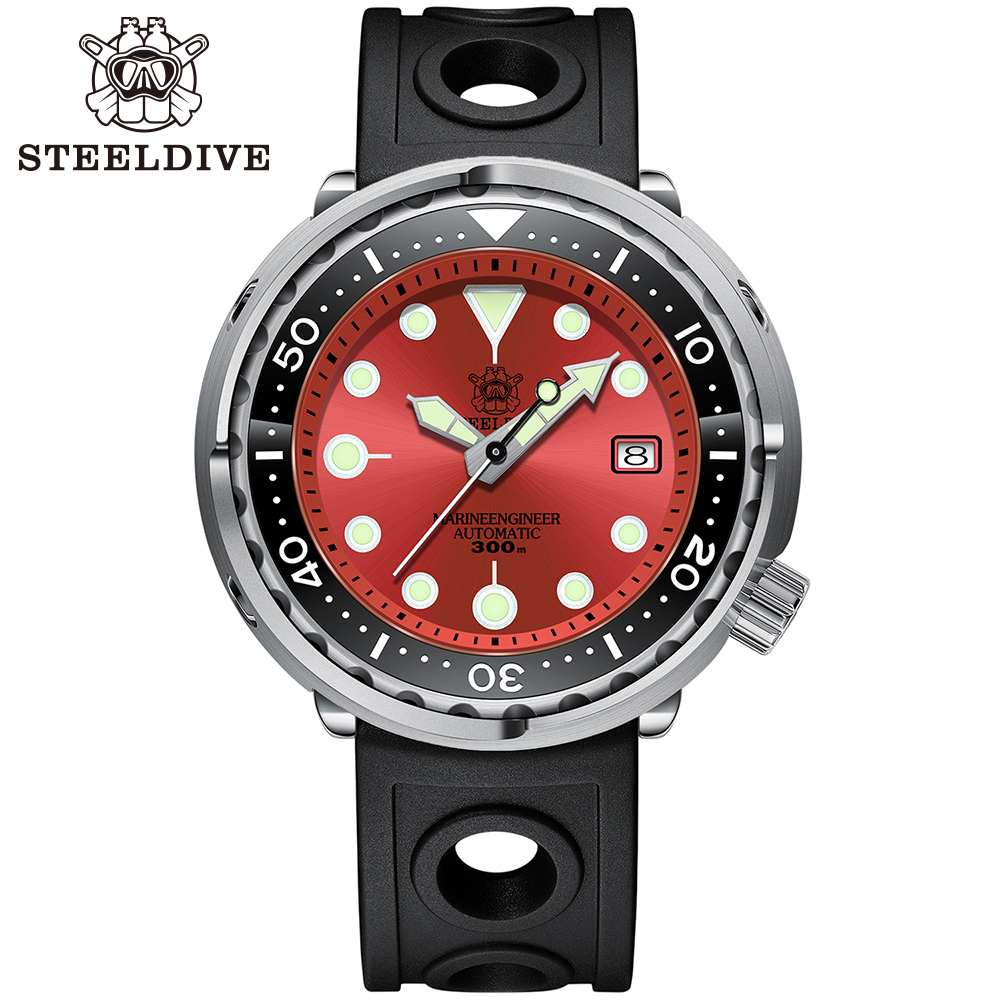 STEELDIVE Official SD1975 Red Sunray Dial 47.5mm Case 300M Waterproof Ceramic Bezel NH35 Automatic Mens Dive Watch