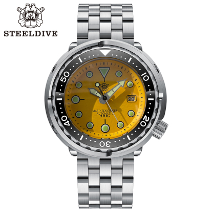 STEELDIVE Official SD1975 Matte Yellow Dial Swiss Luminous 300M Waterproof Sapphire Glass NH35 Automatic Mens Dive Watch