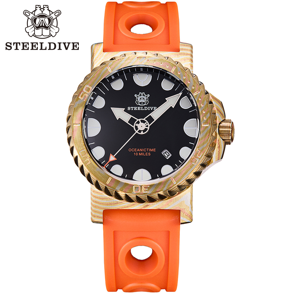 STEELDIVE Offiical SD1982Z 46.5mm Bronze Damascus BGW9 Blue Luminous Unique Design NH35 Automatic Mens Dive Watch