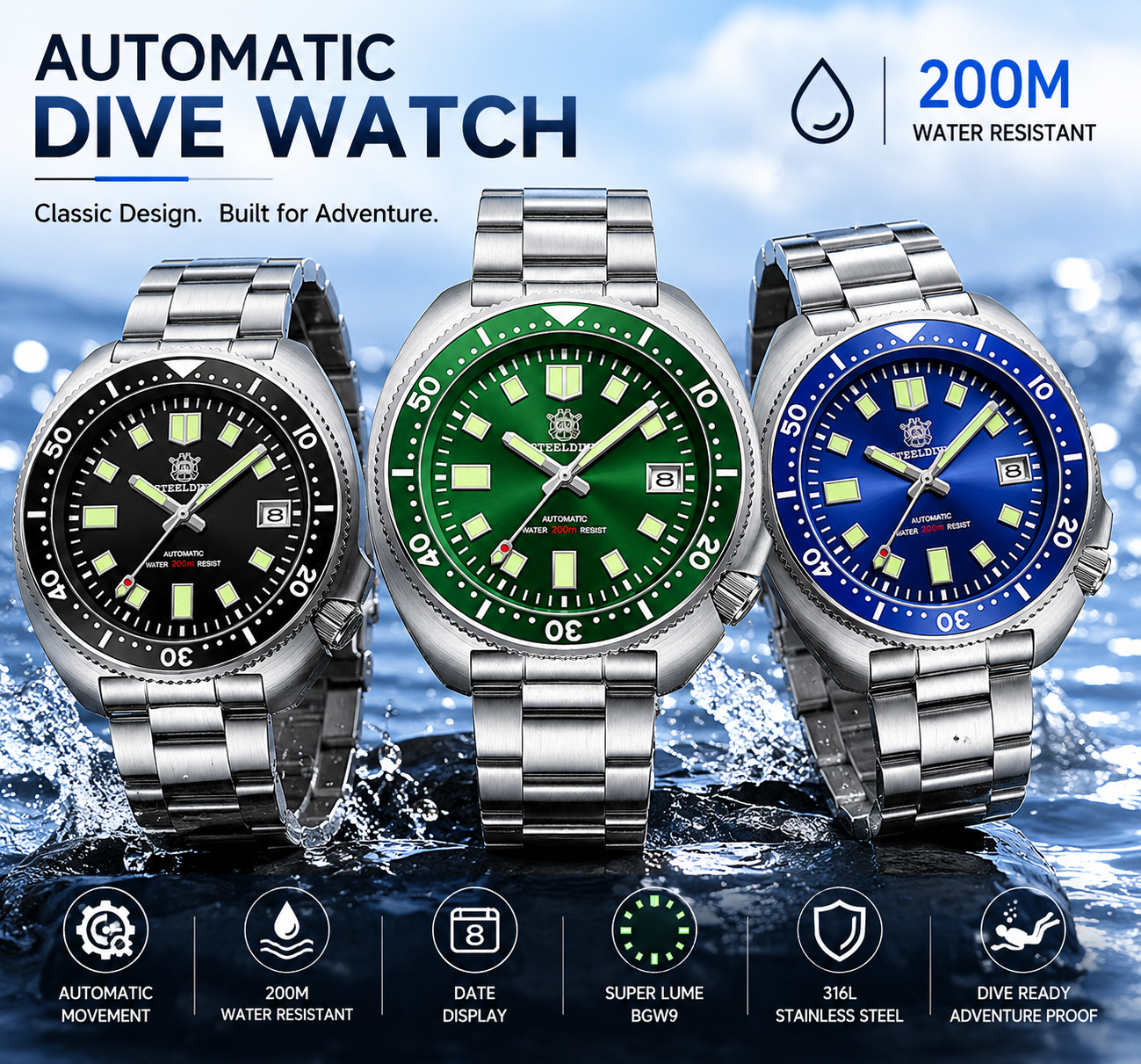 Steeldive SD1970 White Date Background 200M Wateproof AR Coating