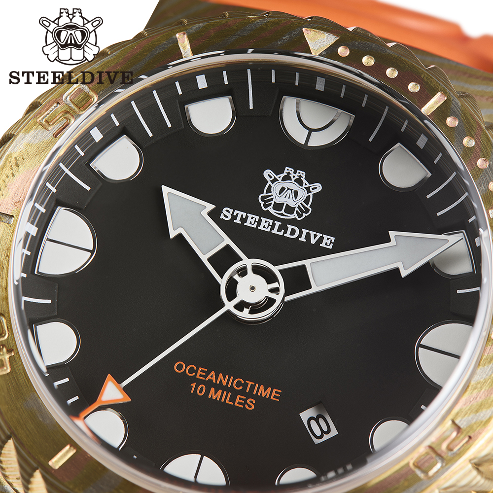 STEELDIVE Offiical SD1982Z 46.5mm Bronze Damascus BGW9 Blue Luminous Unique Design NH35 Automatic Mens Dive Watch