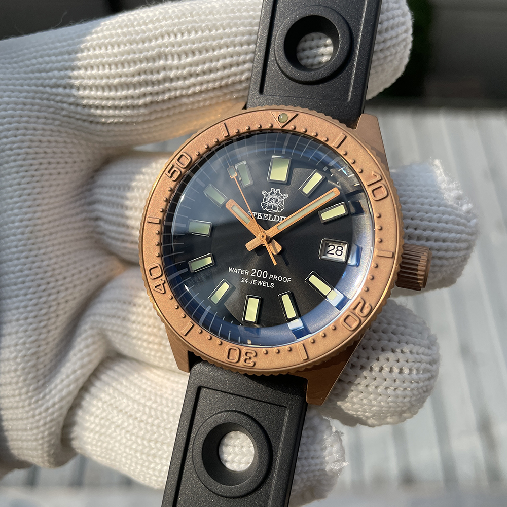 STEELDIVE Official SD1962S Black Dial Swiss Luminous Bronze Ceramic Bezel 41.9MM Solid Bronze NH35 Automatic Mens Sports Watch 200M