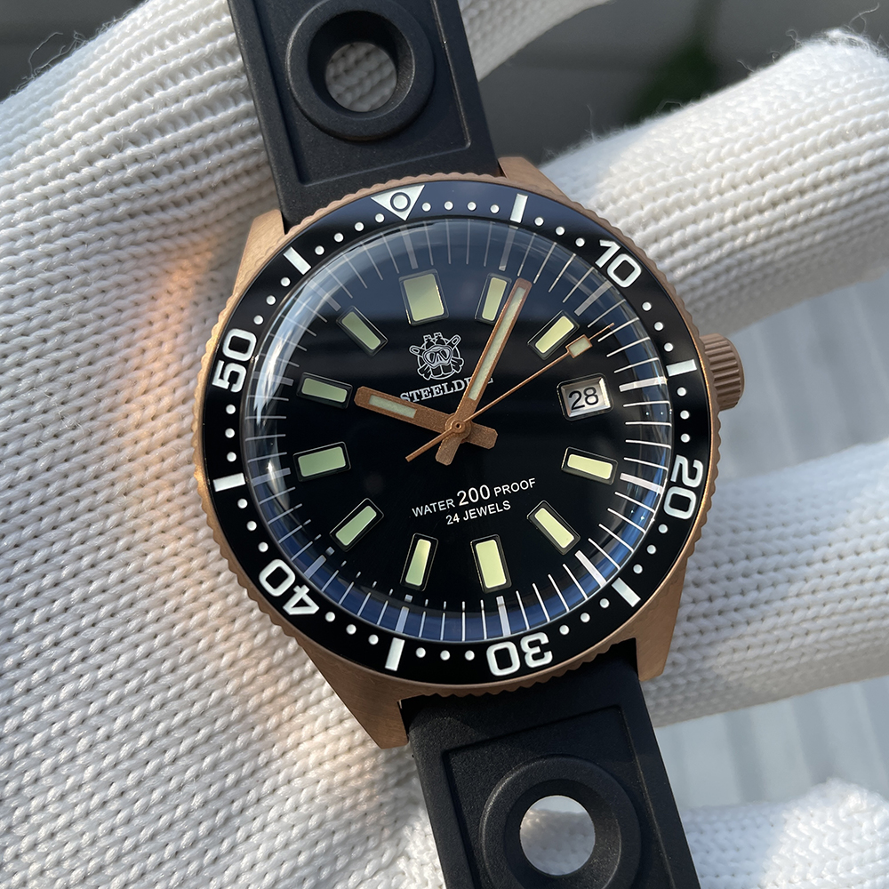 STEELDIVE Official SD1962S Black Dial Swiss Luminous Bronze Ceramic Bezel 41.9MM Solid Bronze NH35 Automatic Mens Sports Watch 200M