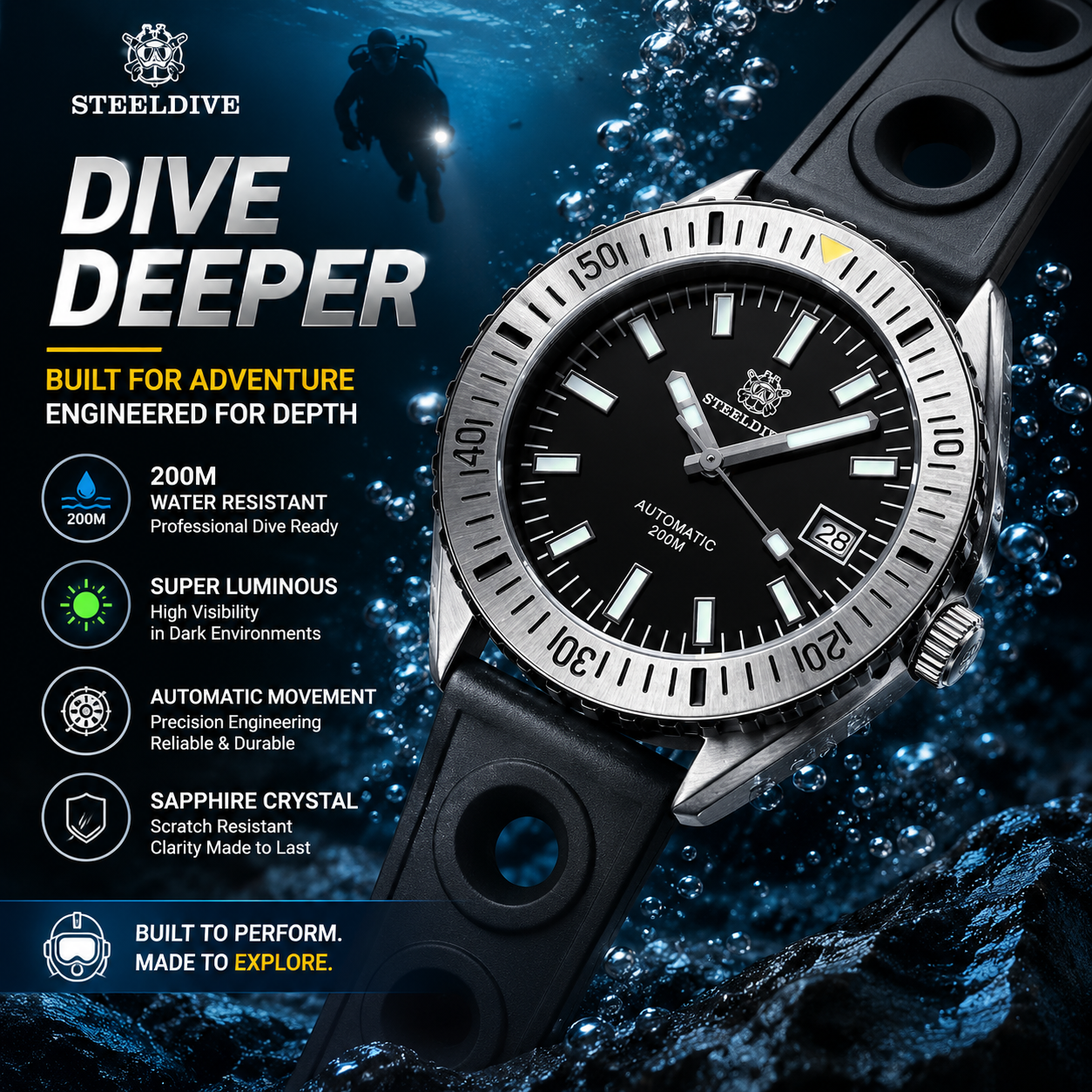 STEELDIVE Official SD1927 Steel Bezel 42MM Case Sapphire Glass 200M Waterproof NH35 Automatic Mens Sports Dive Watches