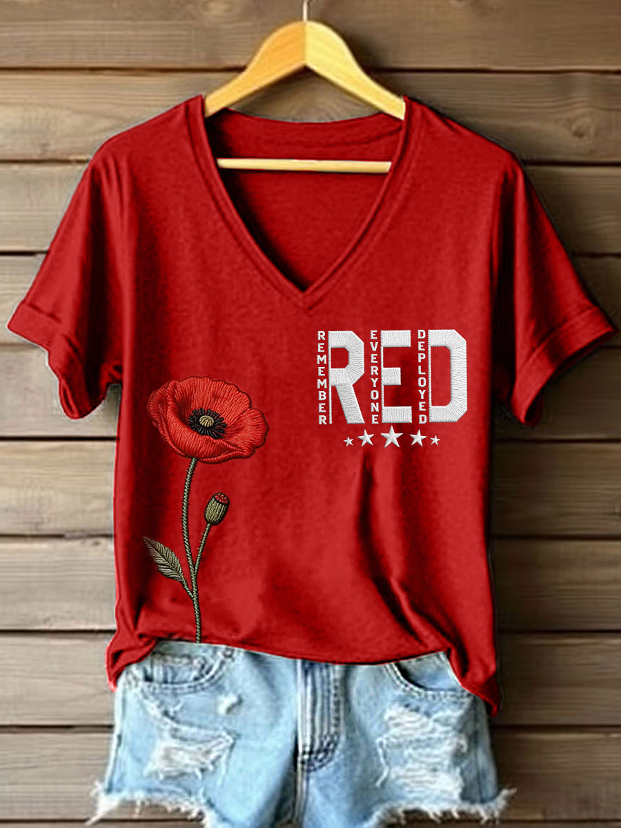 Women's Red Friday Inspired Print V-Neck T-Shirt