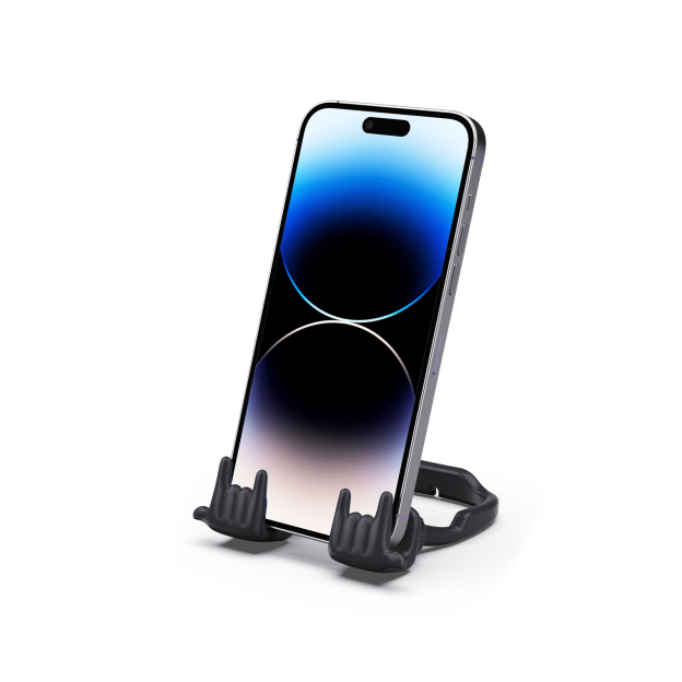 Rock On Phone Stand Black-Gesture‑shaped phone stand | Creative desktop accessory