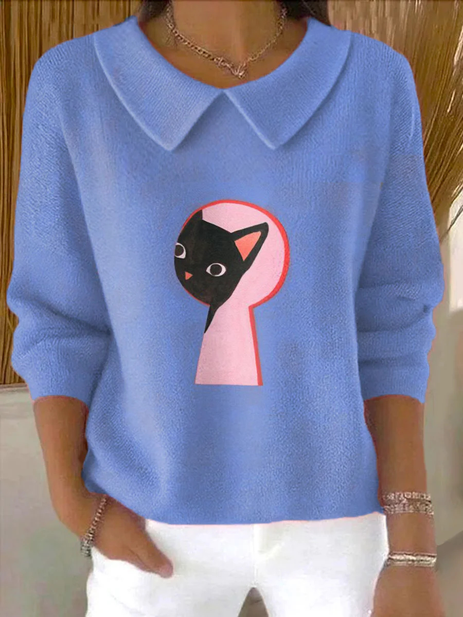 Vintage Funny Cat Art Print Knit Pullover Sweater