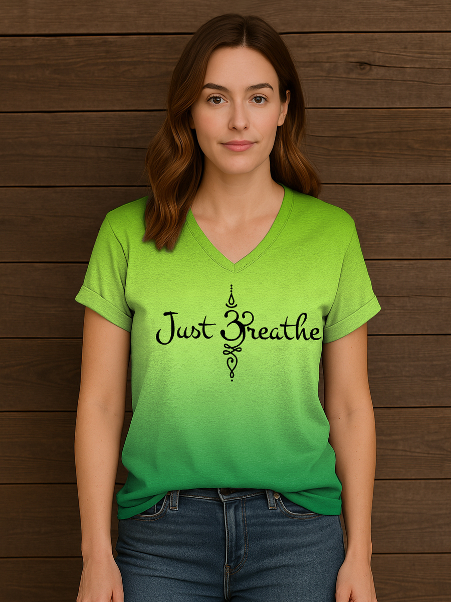 Women's Just Breathe Mental Health Matter Gradient Print V-Neck Tee