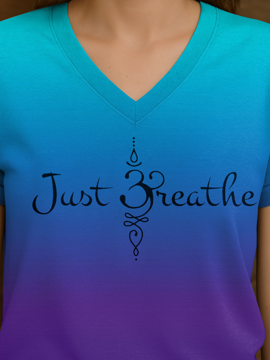 Women's Just Breathe Mental Health Matter Gradient Print V-Neck Tee