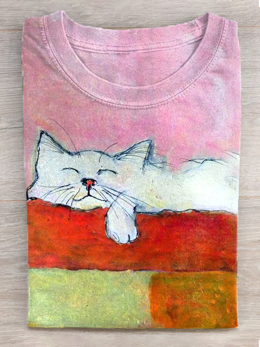 Unisex Oil Painting Art Cat Print Washed T-Shirt