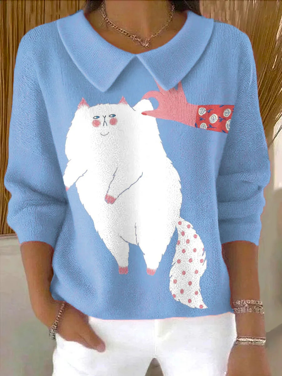 Vintage Funny Cat Art Print Knit  Sweater