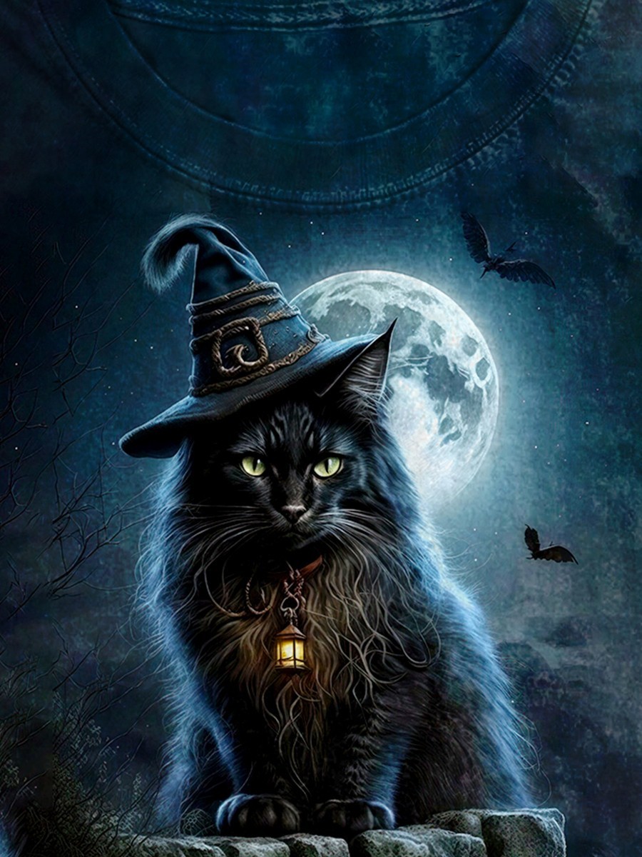 Halloween Cat Art Print Casual T-Shirt