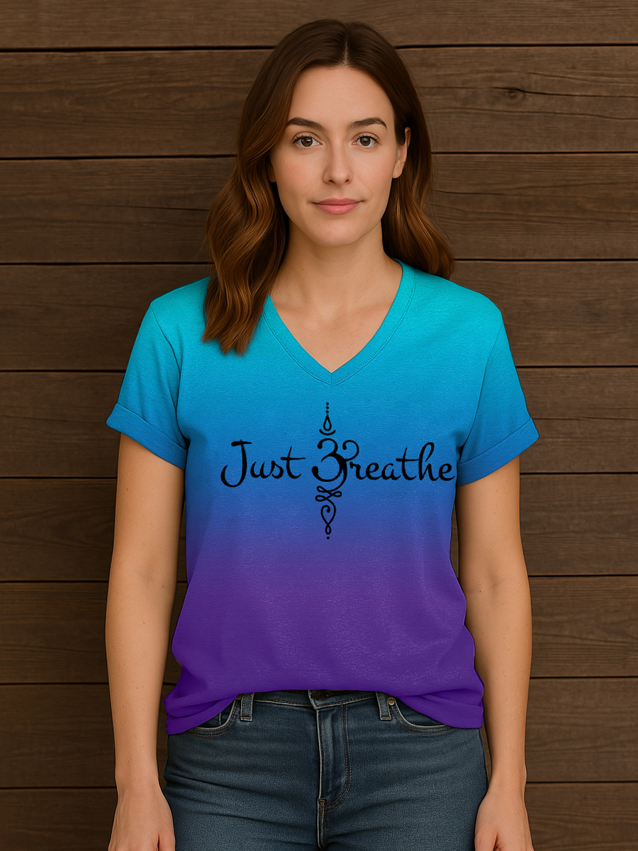 Women's Just Breathe Mental Health Matter Gradient Print V-Neck Tee