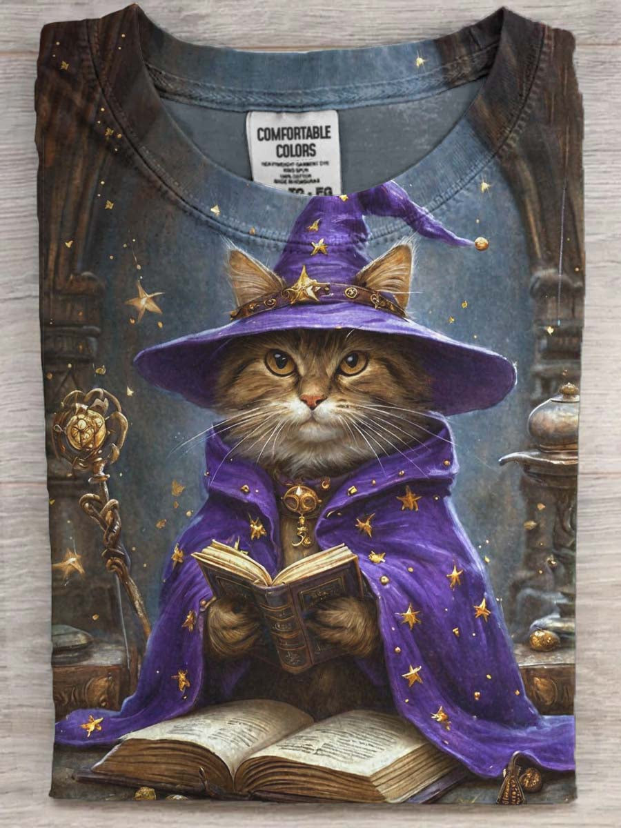 Halloween Wizard Cat Print Casual Short Sleeve T-Shirt