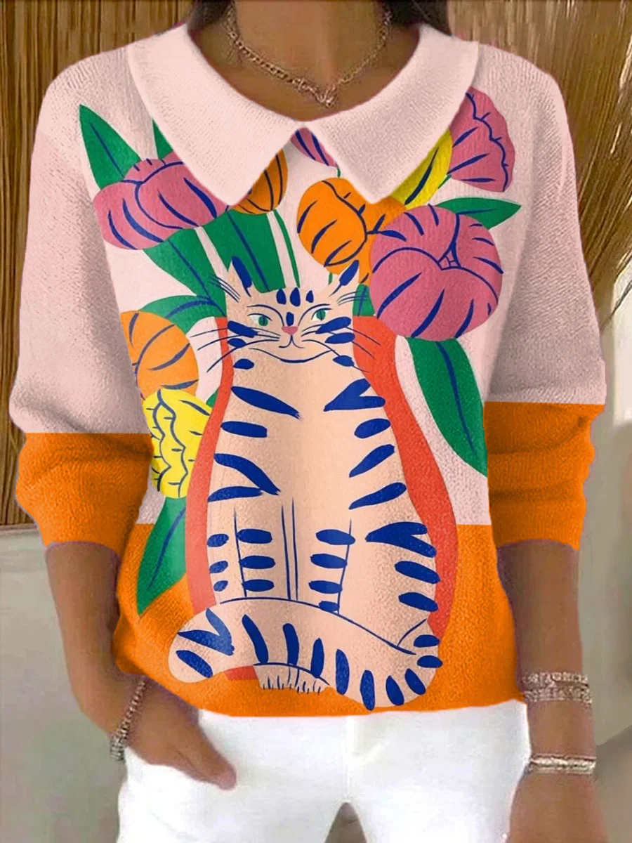 Vintage Funny Cat Art Print Knit  Sweater