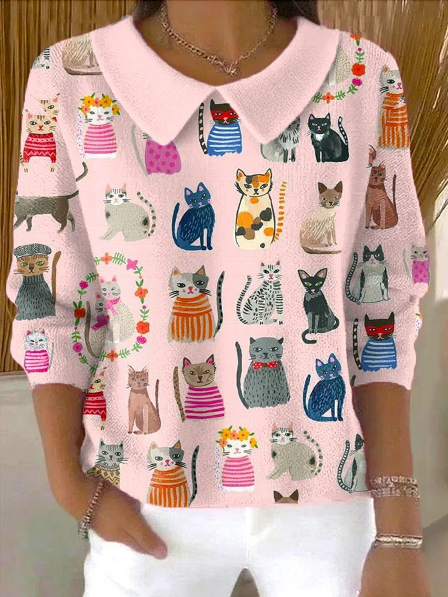 Vintage Funny Cat Art Print Knit  Sweater