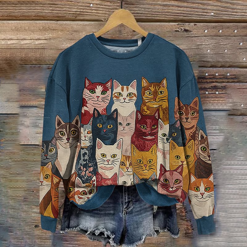 Women's Vintage Abstract Colored Cat Art Sweatshirt