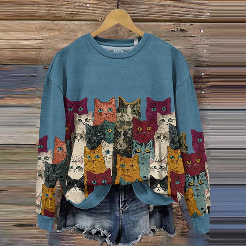 Women's Vintage Abstract Colored Cat Art Sweatshirt