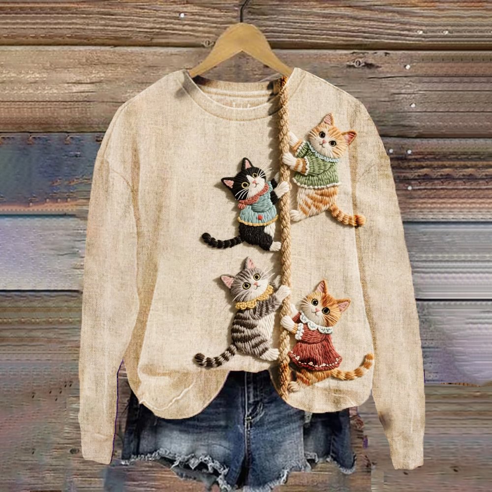 Women's Vintage Abstract Colored Cat Art Sweatshirt