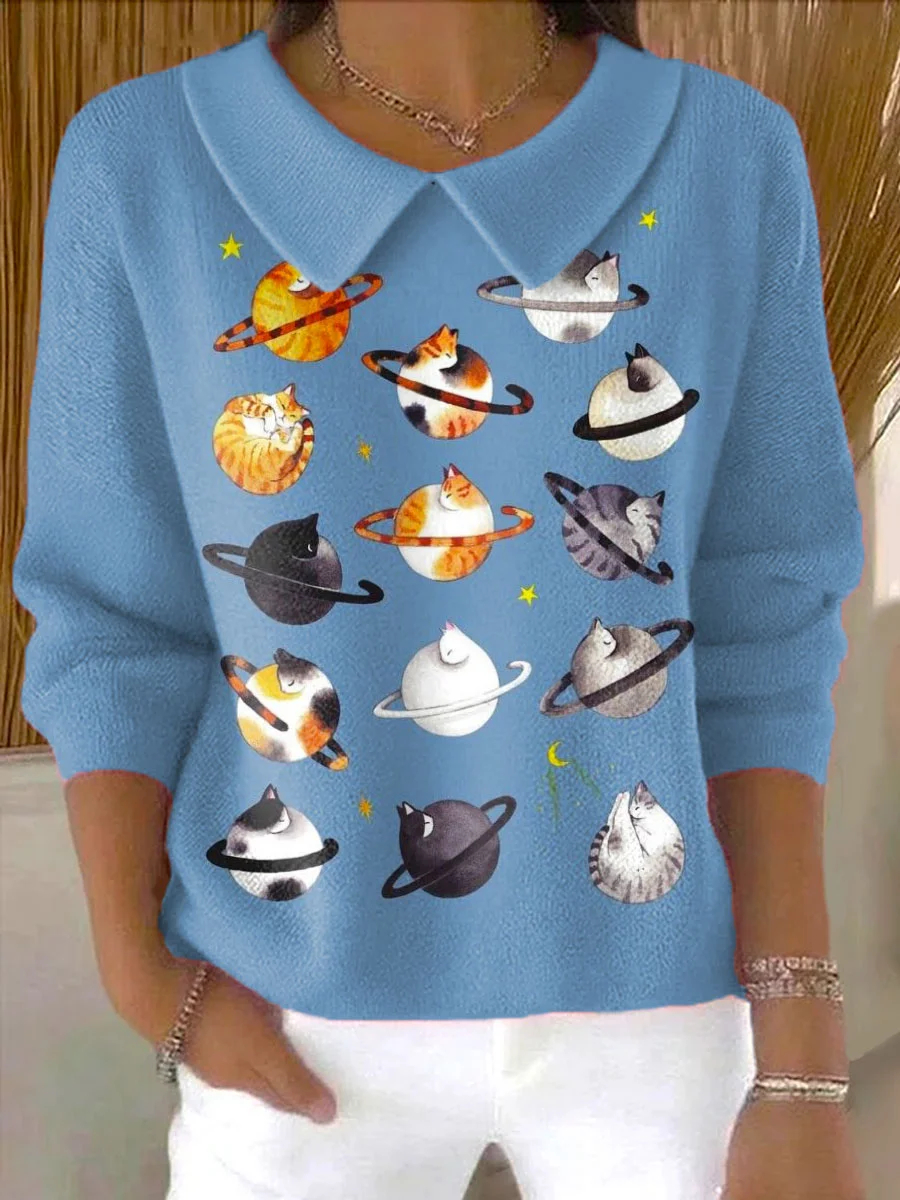 Vintage Funny Cat Art Print Knit  Sweater
