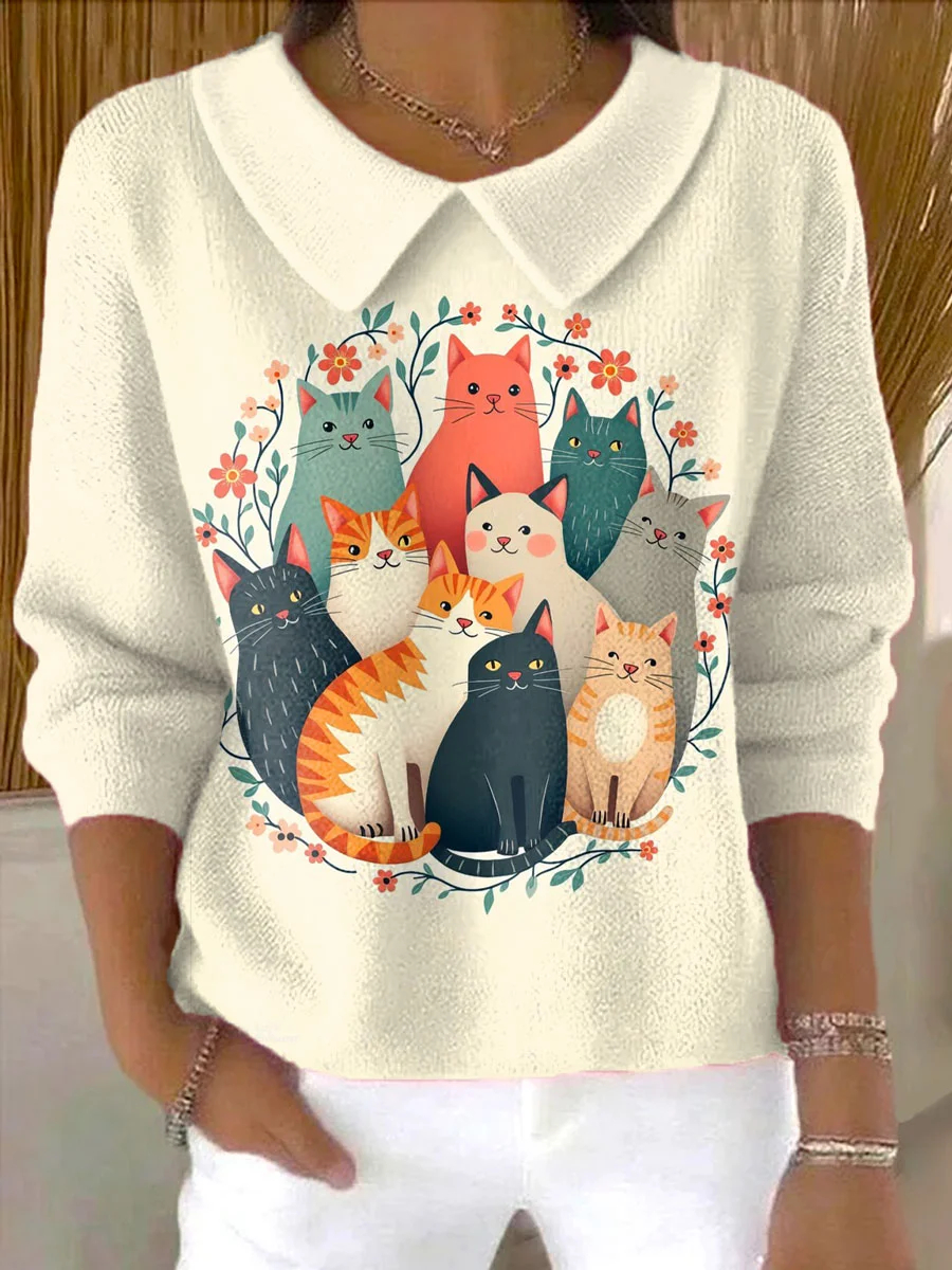 Vintage Funny Cat Art Print Knit  Sweater