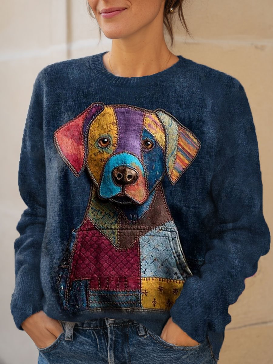 Vintage Funny Dog Art Print Knit Pullover Sweater