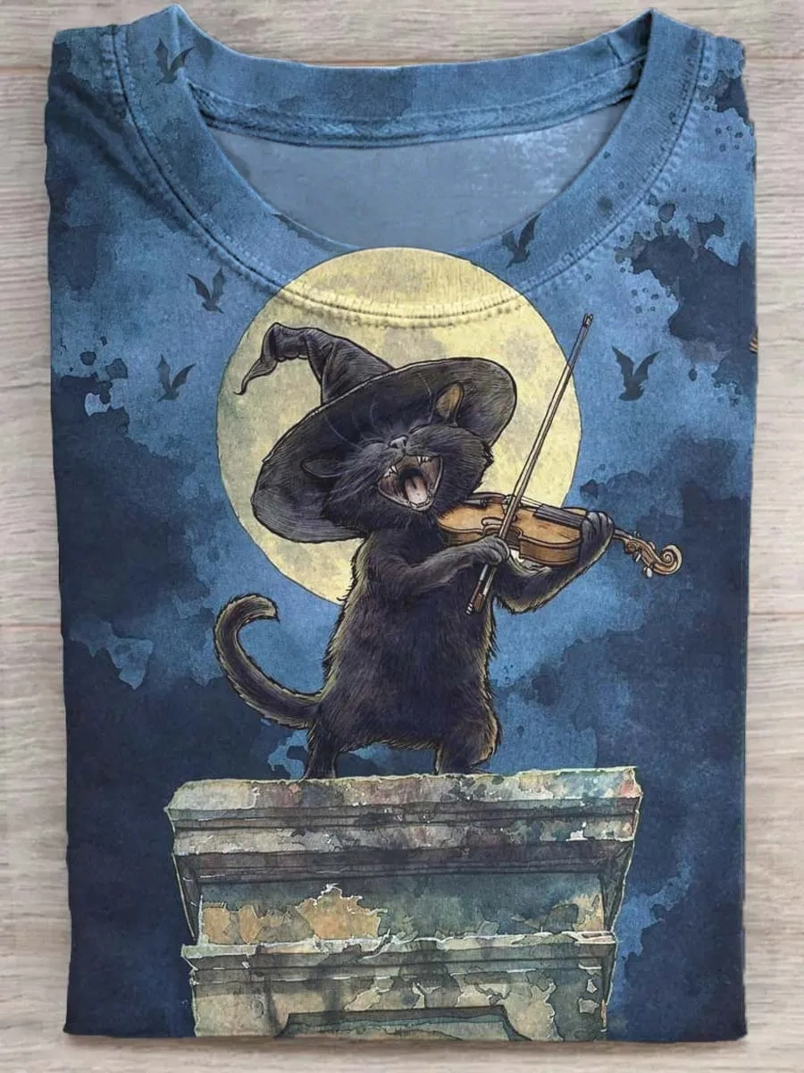 Cat Art Print Casual Cotton Short Sleeve T-shirt