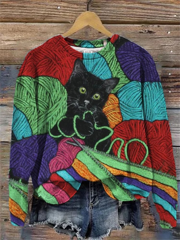 Women's Cat Art Print Casual Sweatshirt