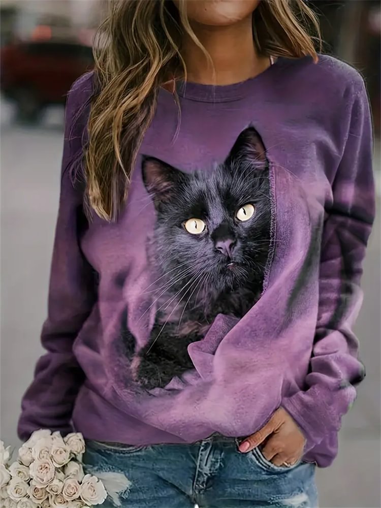 Women's Cat Art Print Casual Sweatshirt