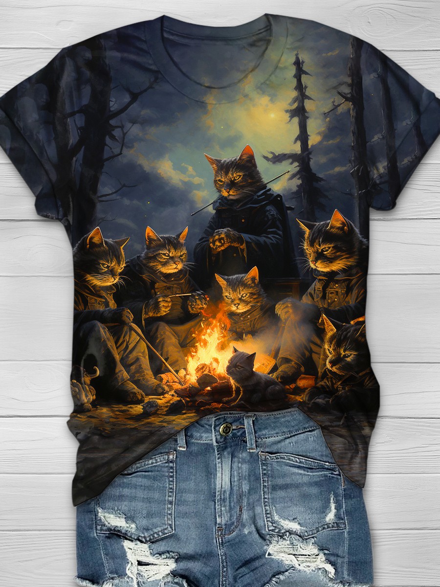 Halloween Cat Art Print Casual T-Shirt
