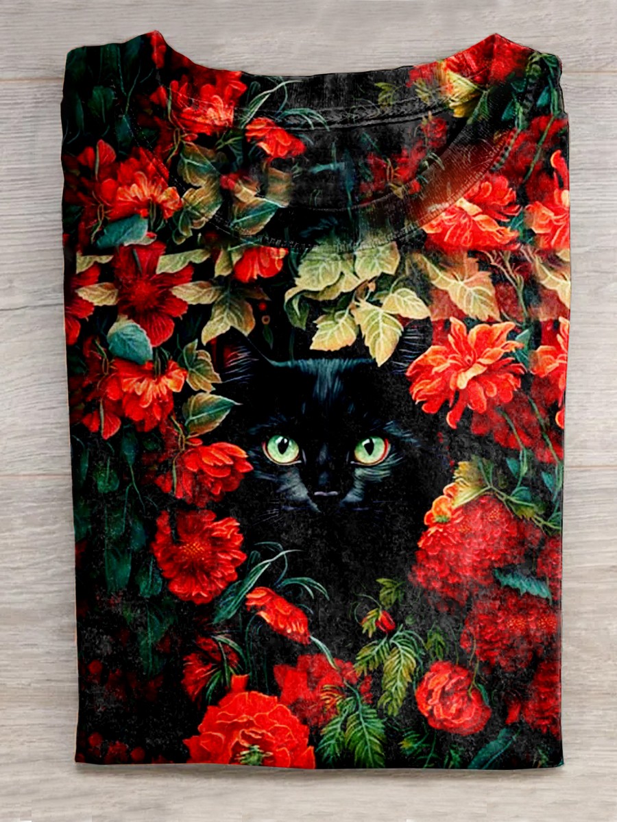 Unisex Halloween Cat Print Casual T-Shirt