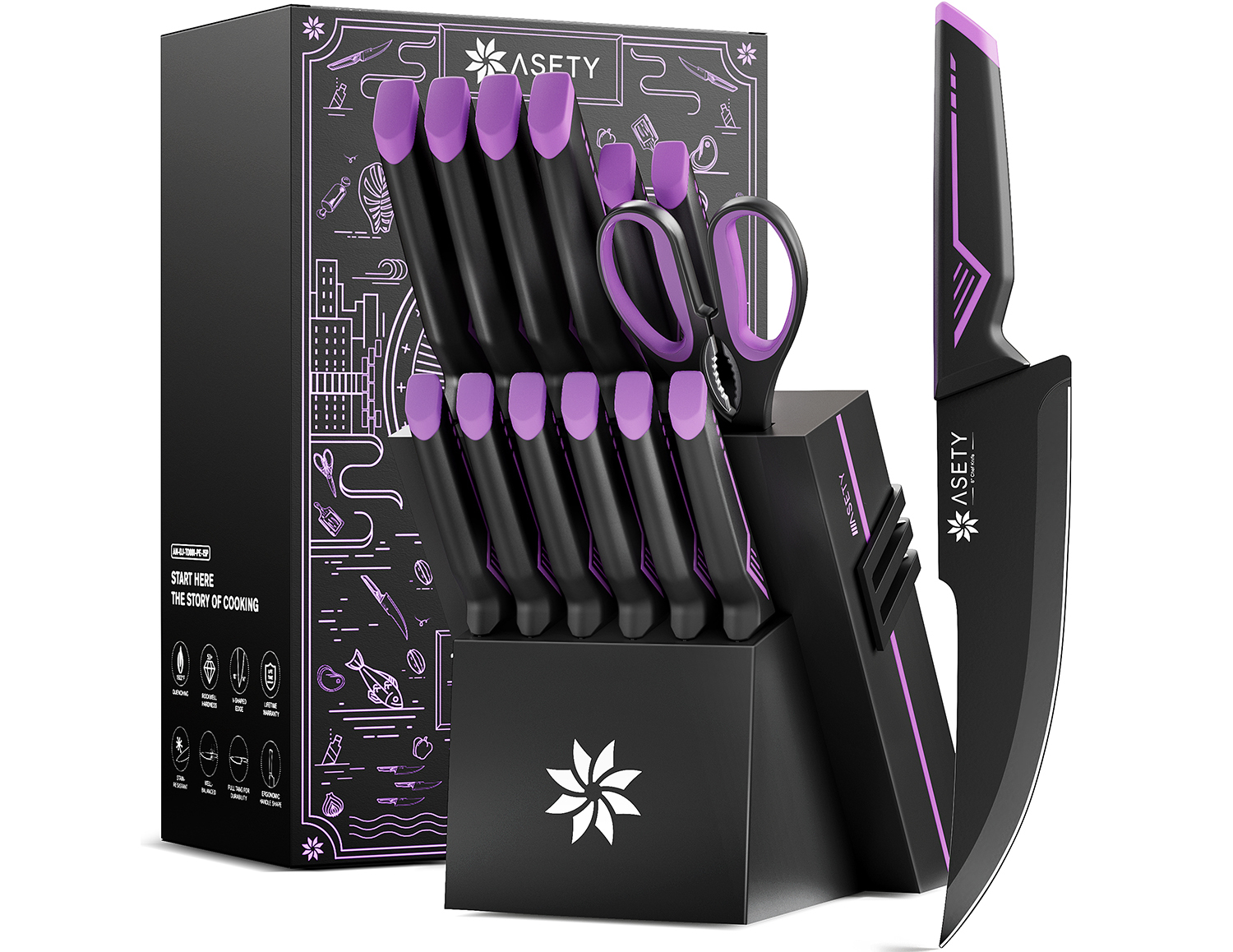 Kitchen Knife Set with Block 15PCS - Purple Technology - 