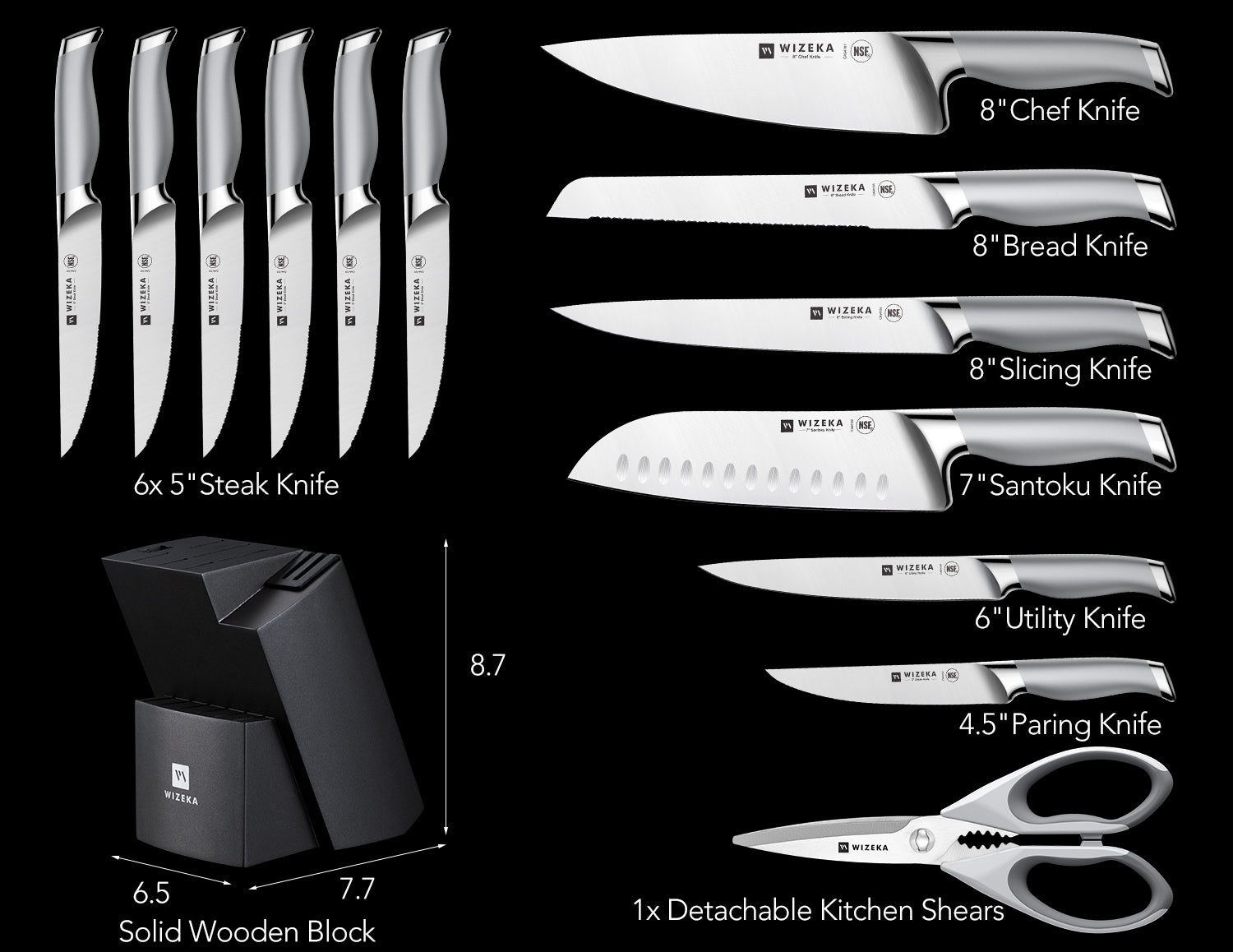 Kitchen Knife Set with Block 15PCS - Silver Wings Series - wizeka