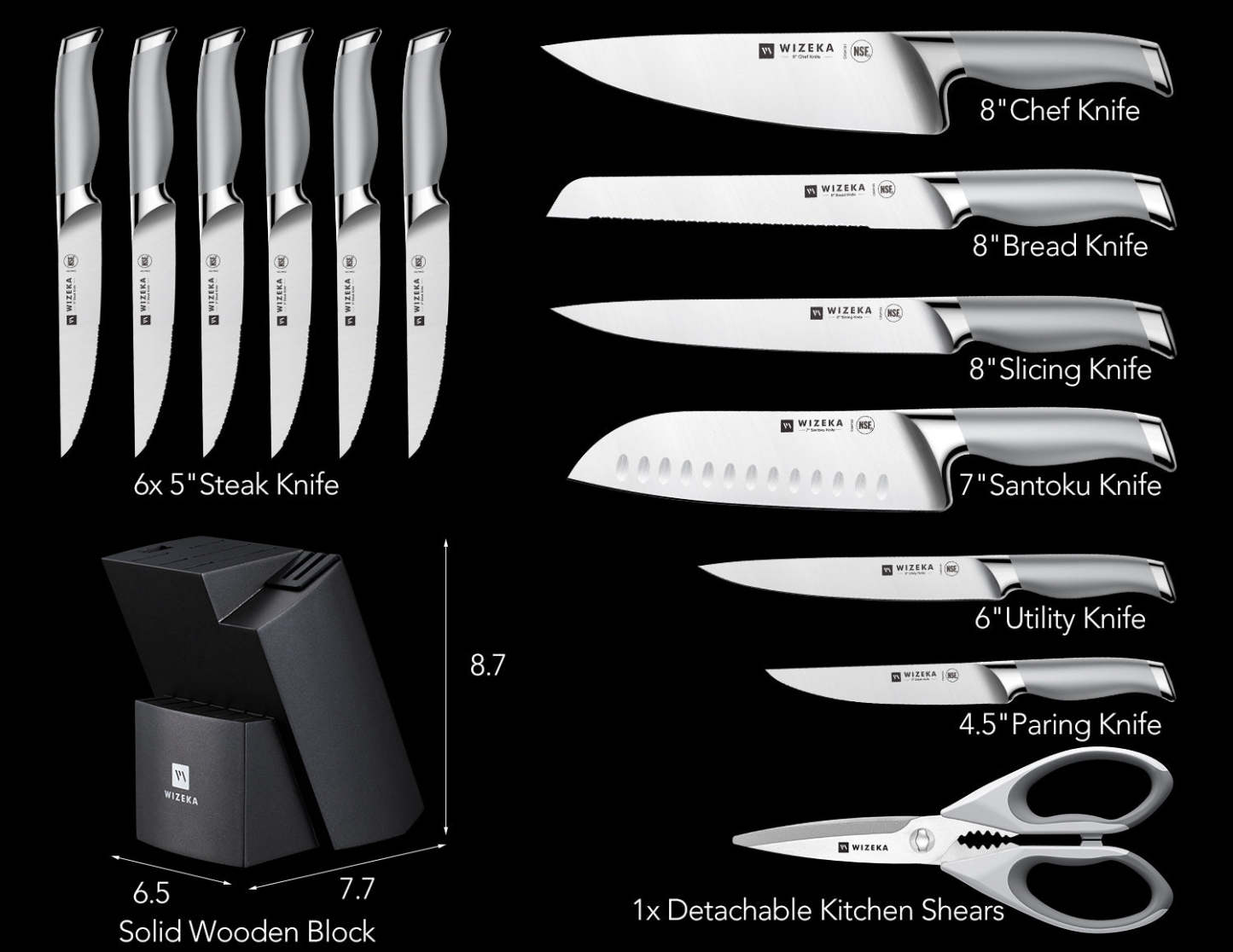 Kitchen Knife Set with Block 15PCS - Silver Wings Series - wizeka
