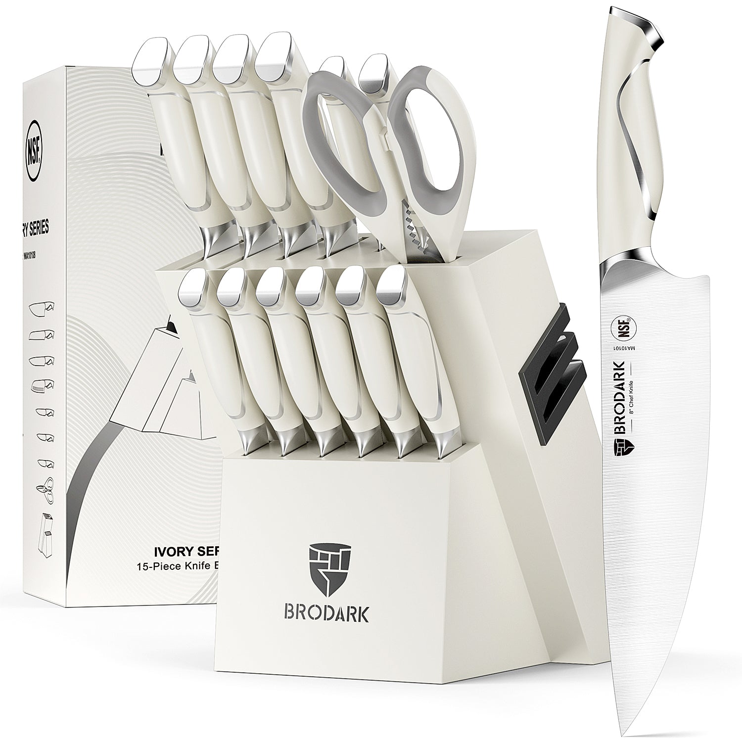 Kitchen Knife Set with Block 15PCS - Ivory Series - Brodark