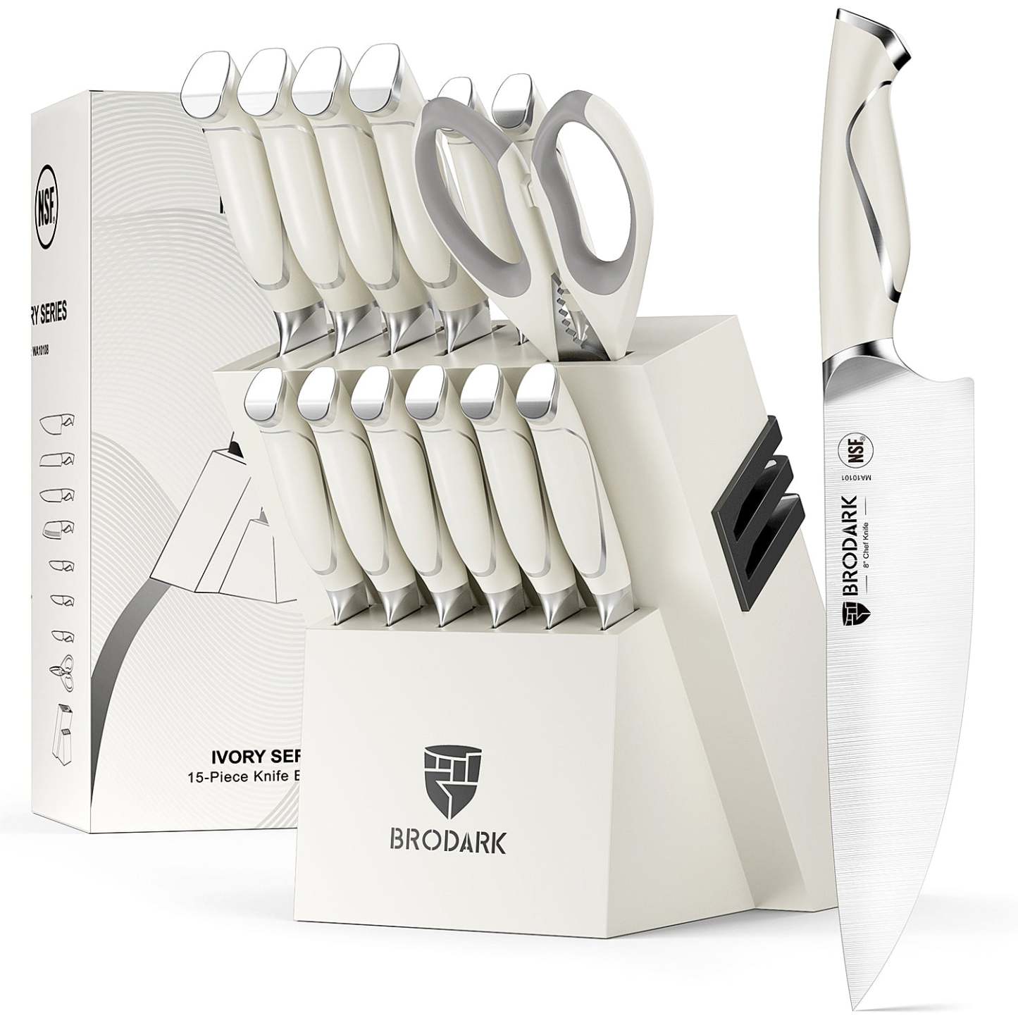Kitchen Knife Set with Block 15PCS - Ivory Series - Brodark