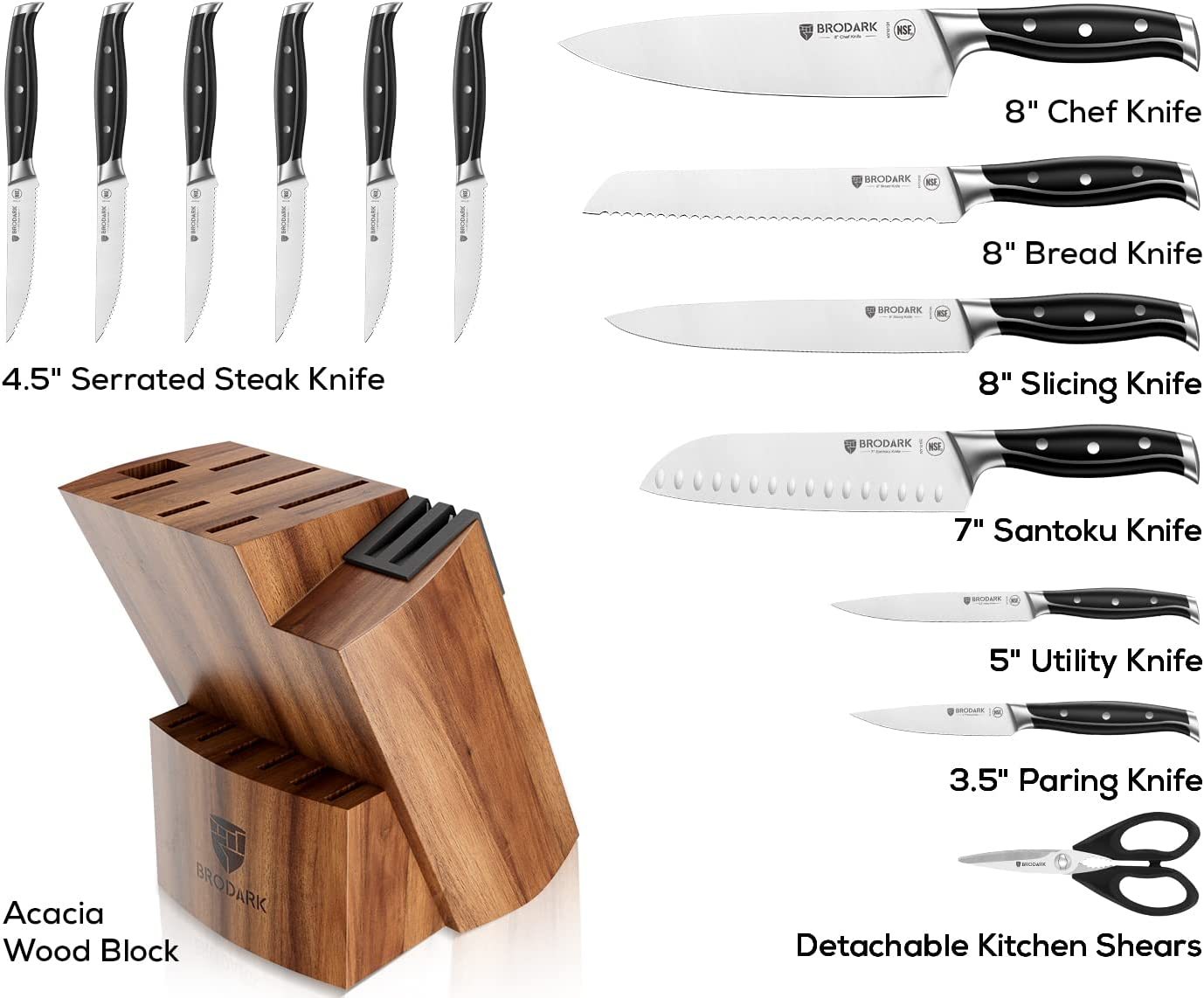 Kitchen Knife Set with Block 15PCS - Steel-King Series - Brodark