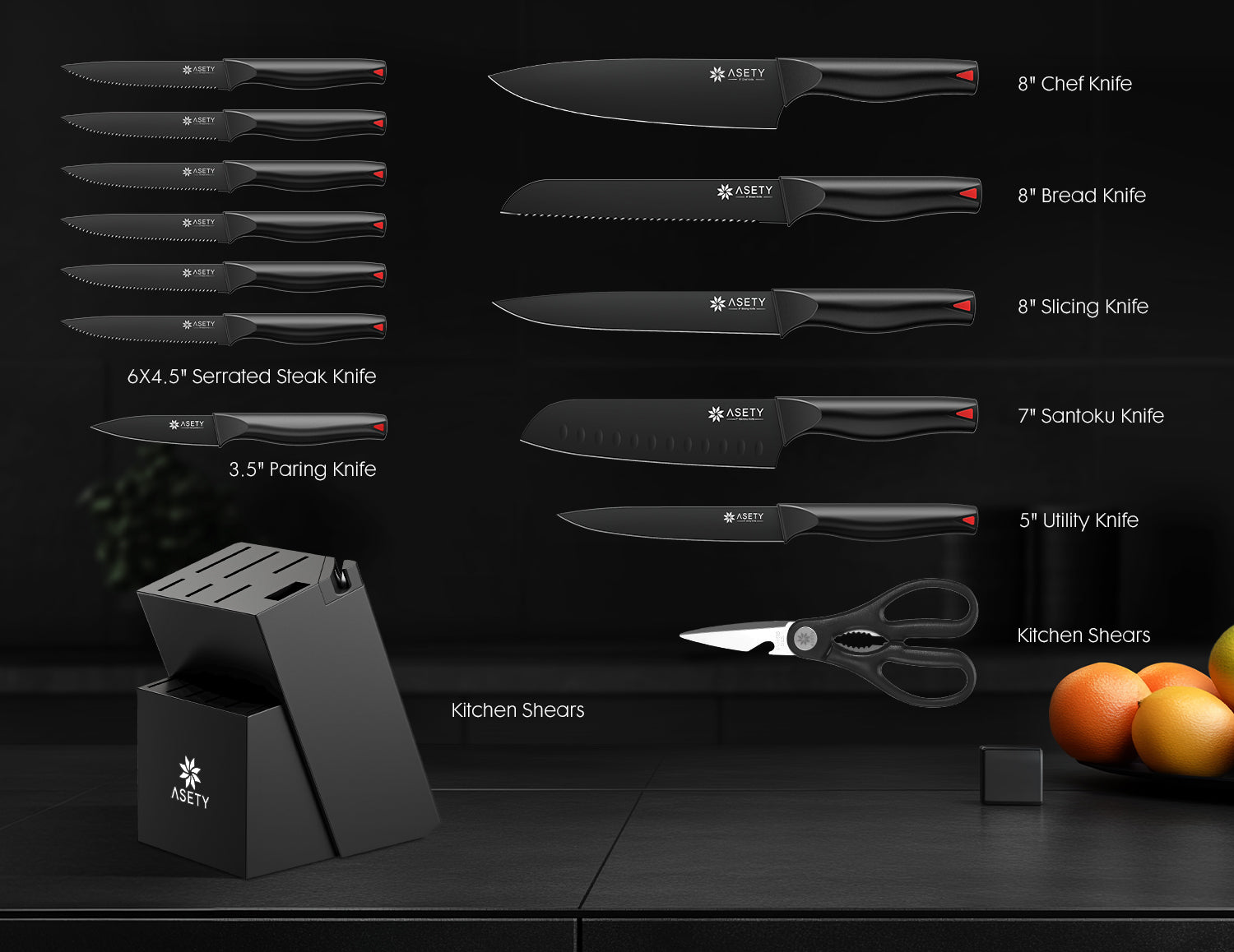 Kitchen Knife Set with Block 15PCS - Black Series - asetyhome