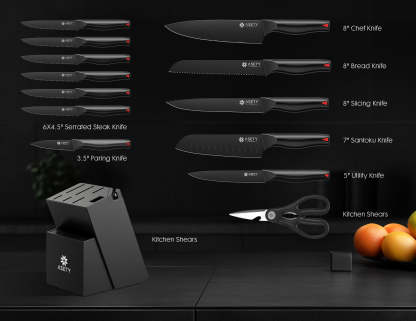 Kitchen Knife Set with Block 15PCS - Black Series - asetyhome