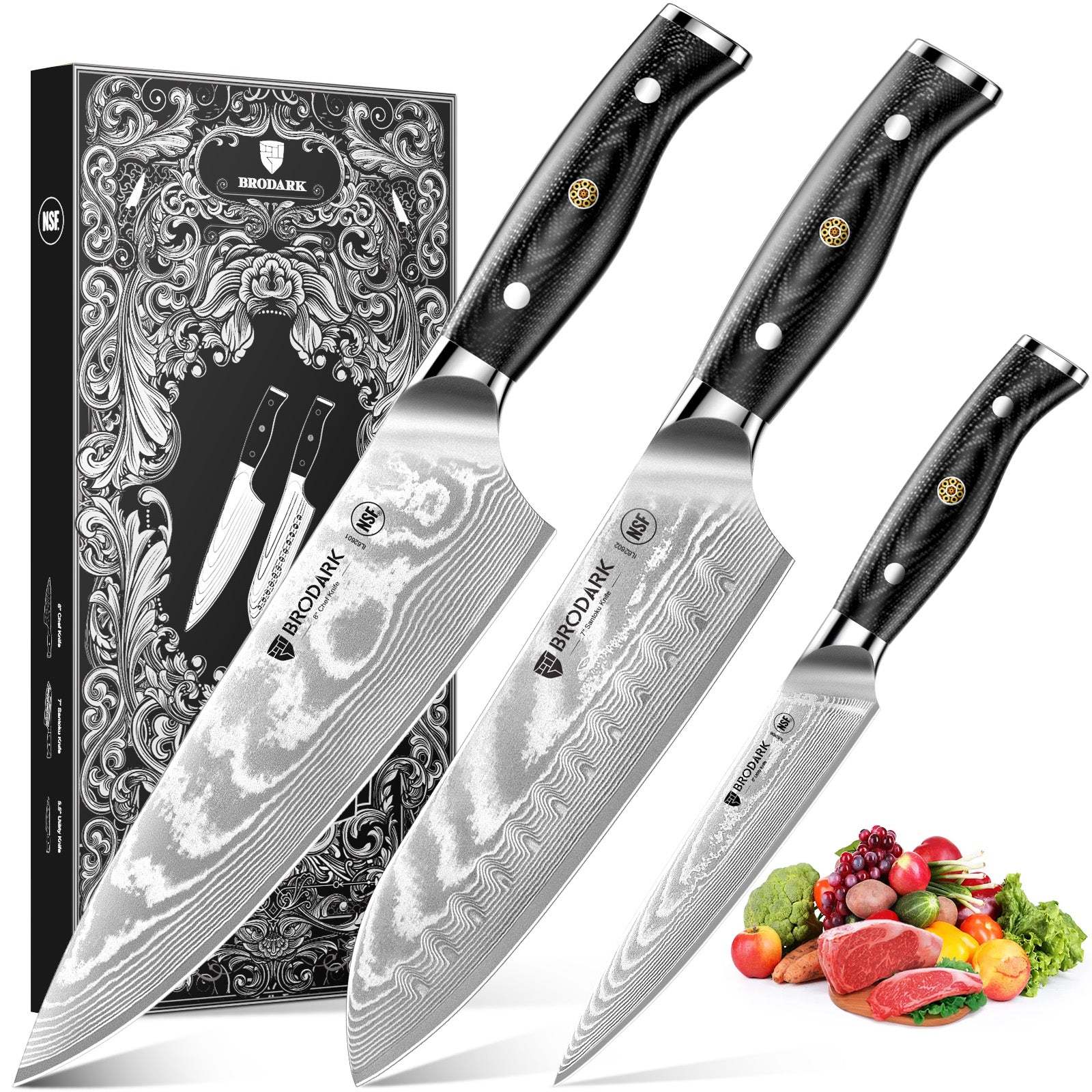 Damascus Chef Knife Set 3PCS - Brodark