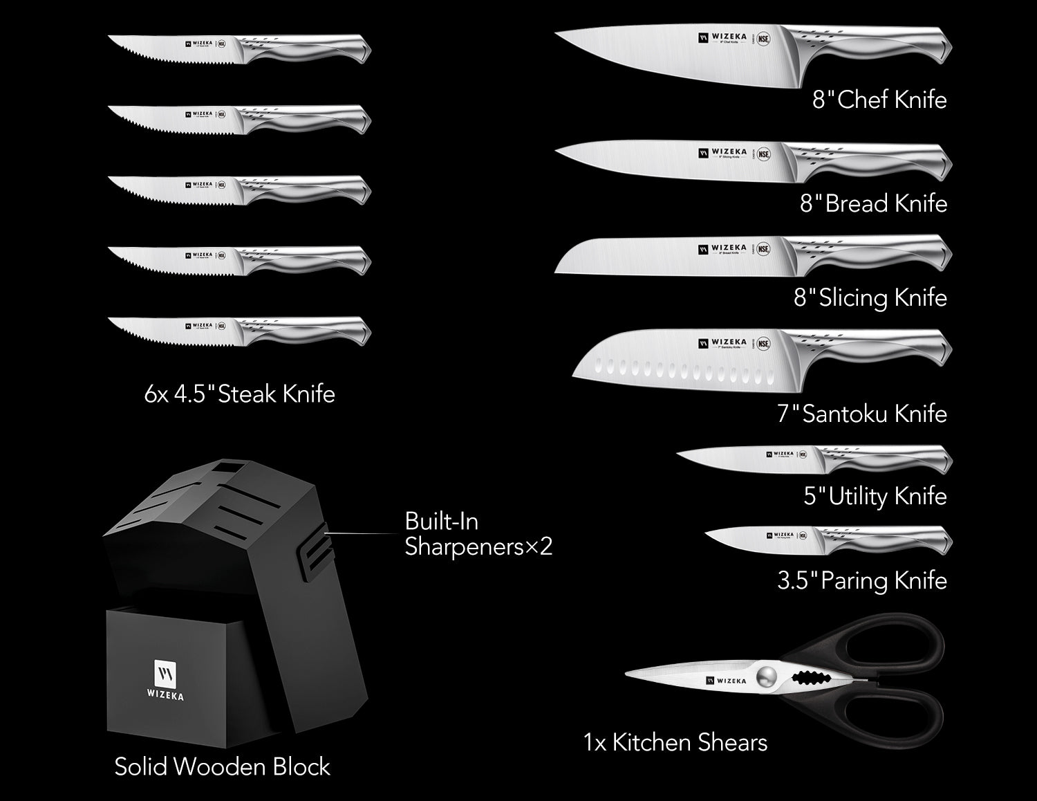 Kitchen Knife Set with Block 15PCS - Jaguar Series - wizeka